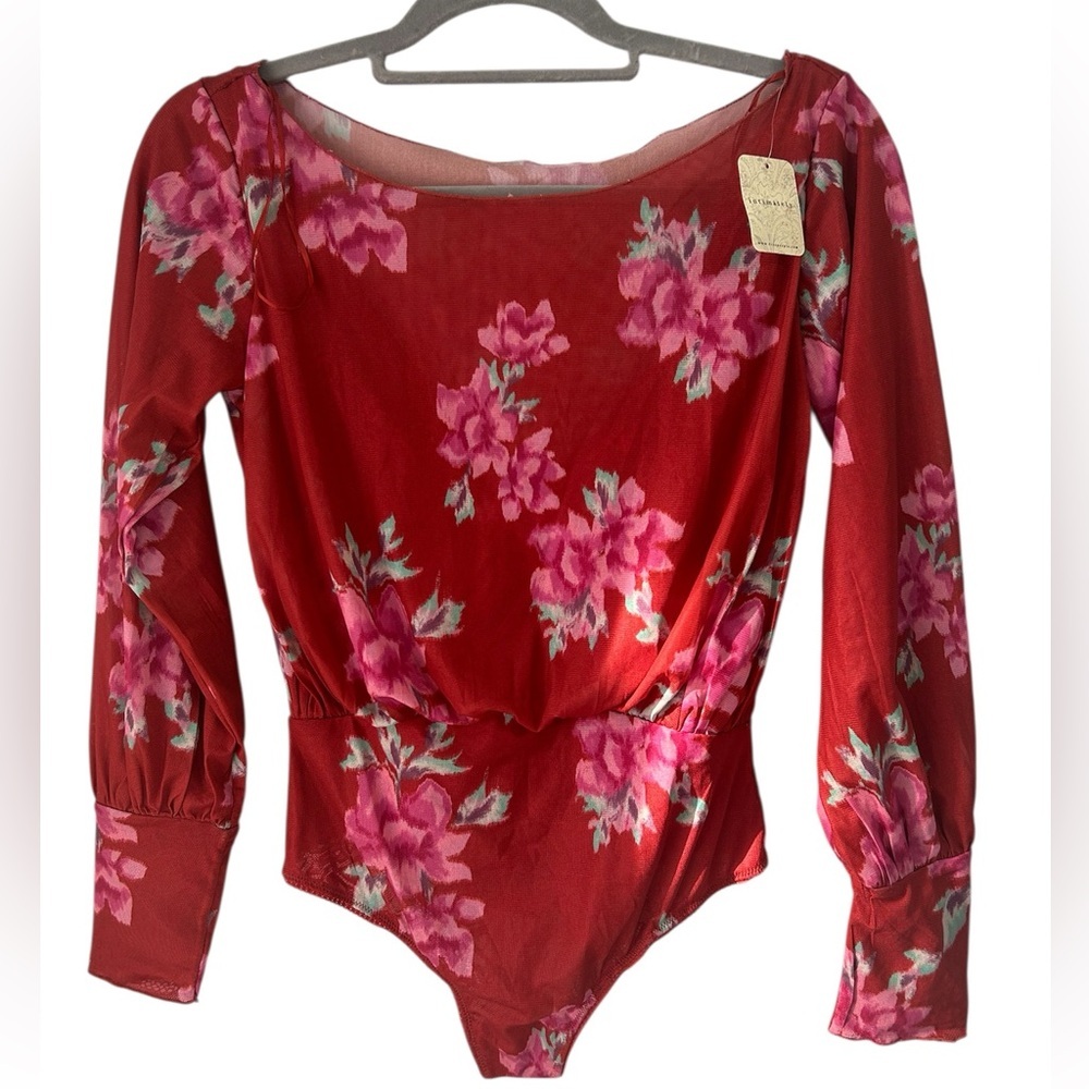 Free People Womens Size Small Bodysuit Cherry Red Printed Floral lace lined NWT - Picture 4 of 15
